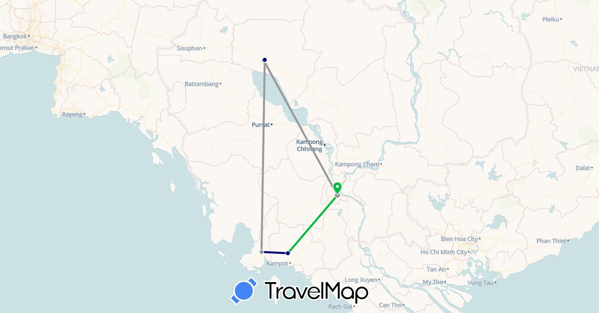 TravelMap itinerary: driving, bus, plane in Cambodia (Asia)